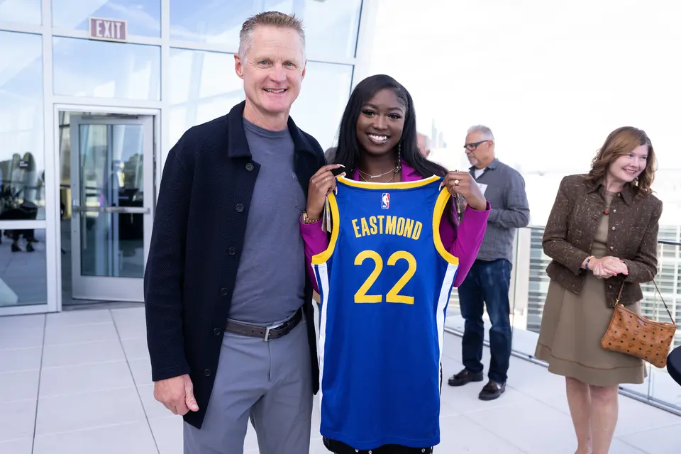 Warriors Coach Steve Kerr with gun violence survivor Aalayah Eastmond