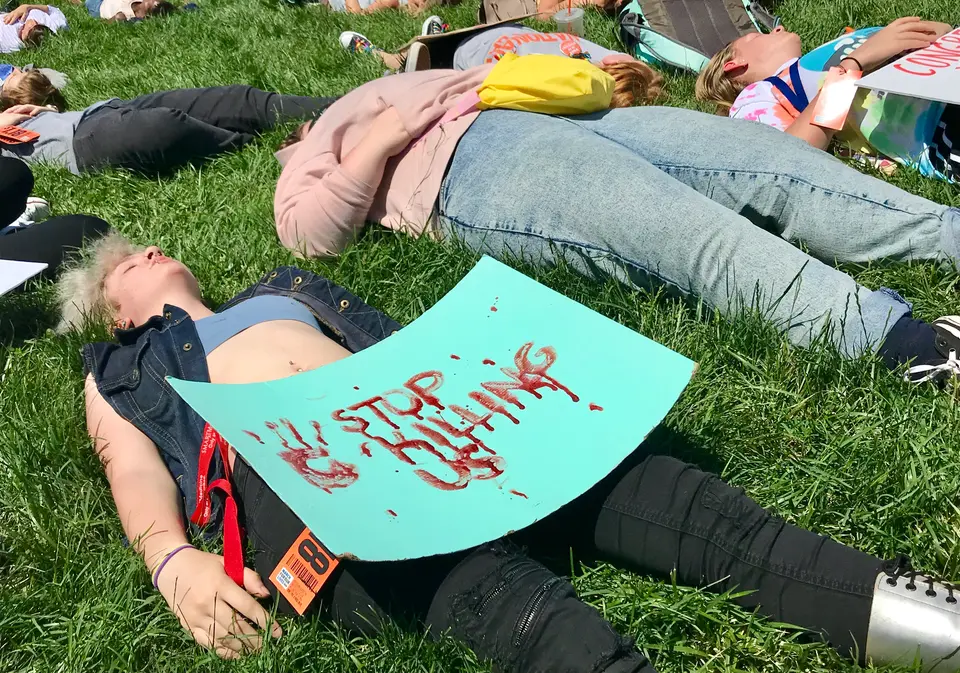 Students lay in a field outside Congress during the 2018 die in against gun violence